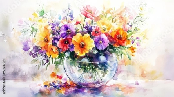 Fototapeta A vibrant watercolor painting of a floral bouquet in a glass vase showcases a medley of colorful flowers, perfect for spring and home decor inspiration.