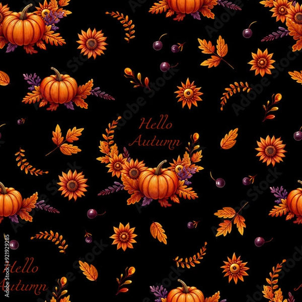 Fototapeta Hello autumn. Autumn pattern with sunflowers, leaves, twigs, berries on black background