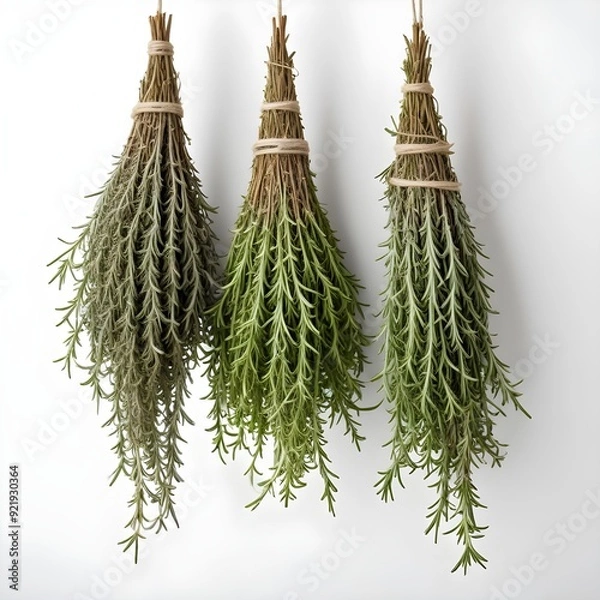 Obraz Rosemary and thyme herbs hanging upside down to dry, isolated on a white background