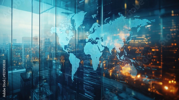 Fototapeta Double exposure of stock market trading hall and company office environment with a businessman
