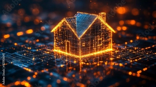 Fototapeta A glowing digital representation of a house on a tech-inspired background.