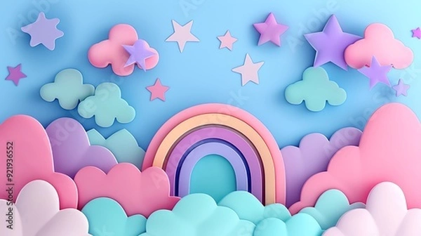 Fototapeta An artistic pattern with pastel rainbows, clouds, and stars in shades of pink, lavender, and mint, creating a whimsical and dreamy scene. Soft colors, fluid shapes, hd quality, playful and light.