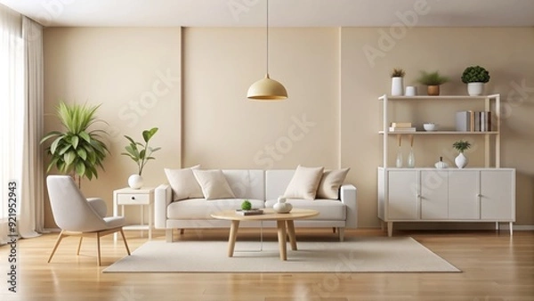 Fototapeta Minimalist modern mockup room setting with cream walls, sleek white furniture, and pastel-colored accents, perfect for showcasing products or design concepts.