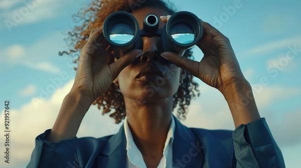Fototapeta A businesswoman using binoculars to scan the horizon for potential threats, symbolizing proactive risk identification and mitigation.