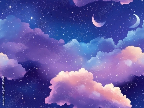 Fototapeta seamless pattern, Dreamy kawaii night sky filled with sleeping crescent moons