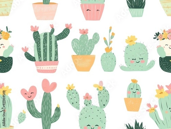 Fototapeta seamless pattern, Adorably chubby kawaii cacti with blushing cheeks and flower crowns