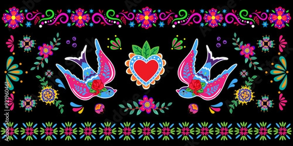 Obraz Birds with heart and flowers. Vintage folk background with flying swallow. 