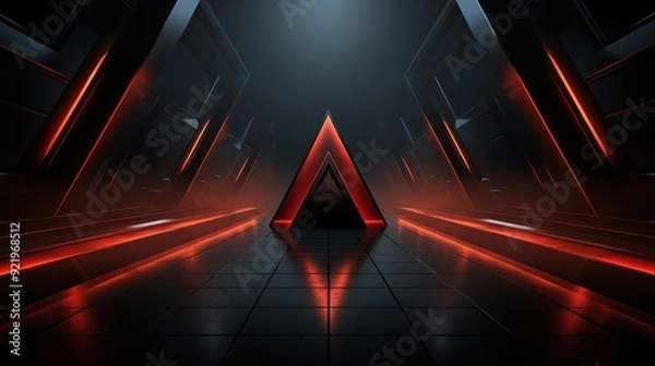 Fototapeta Abstract glowing red neon triangle in futuristic corridor.