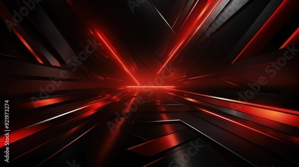 Fototapeta Abstract red and black geometric background with glowing lines.