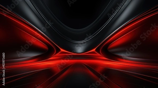 Fototapeta Abstract red and black geometric background with glowing lines.