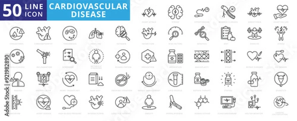 Fototapeta Cardiovascular disease icon set with stroke, hypertension, atherosclerosis, arrhythmia, heart failure, cholesterol and triglycerides.