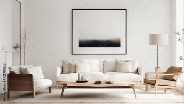 Fototapeta The living room looks neat and bright with a white sofa.AI generated