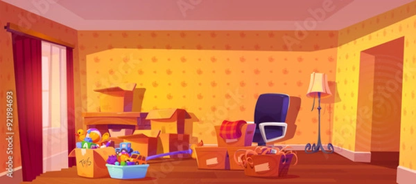 Fototapeta Personal stuff in cardboard boxes ready for house moving. Cartoon vector illustration of packages and furniture pile in empty unfurnished room interior for home relocation and delivery services.