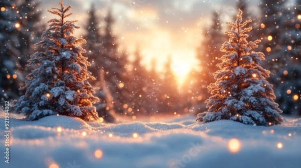 Fototapeta Snow falling on pine trees covered with snow at sunset in winter forest