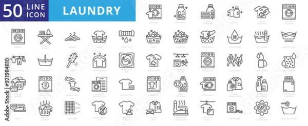 Fototapeta Laundry icon set with detergent, fabric softener, bleach, stain remover, washing machine, dryer and clothesline.