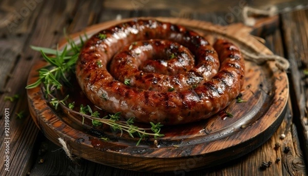Obraz Grilled spiral sausage garnished with fresh herbs on a wooden cutting board