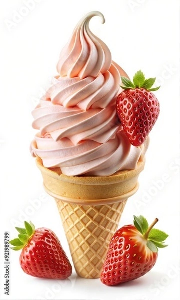 Fototapeta Strawberry and Vanilla Flavour Ice Cream Cone with Swirls and Whipped Delights with Toppings: A Cold and Creamy Frozen Dessert in a Crispy Wafer
