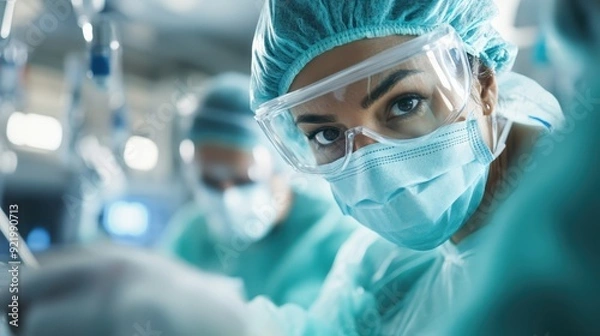 Fototapeta A close-up of a surgeon performing an operation in a sterile room, highlighting the precision and concentration involved. The surgeon is wearing a mask, gloves, and cap.