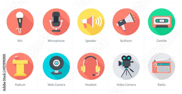 Fototapeta A set of 10 Communication icons as mic, microphone, speaker