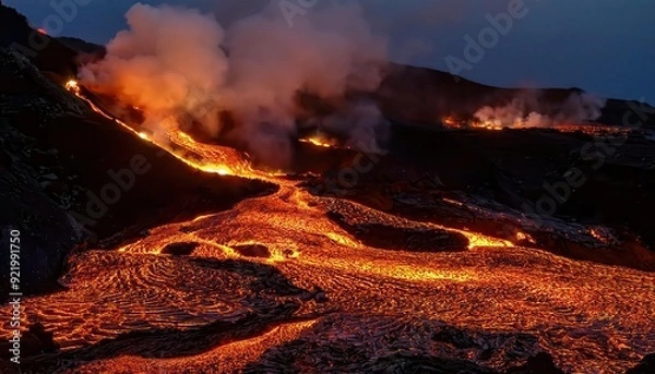 Fototapeta Molten lava hardens into rock as it cools on the ground.