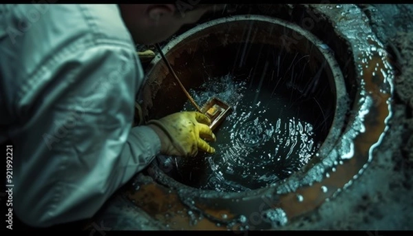 Obraz Worker inspecting a submerged device in a dark, wet sewer environment