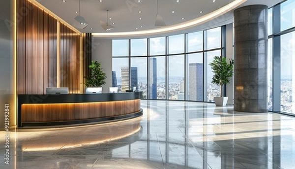 Obraz Modern reception area with large windows and city view in a skyscraper