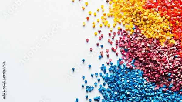 Fototapeta Top view of colorful polymer masterbatch granules, light background, industrial plastic template. Generative AI