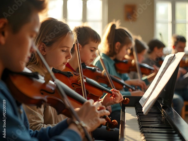 Obraz Students playing various instruments in music class with warm lighting