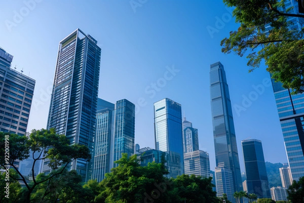 Fototapeta Skyscrapers Viewed from Below with Blue Sky and White Clouds