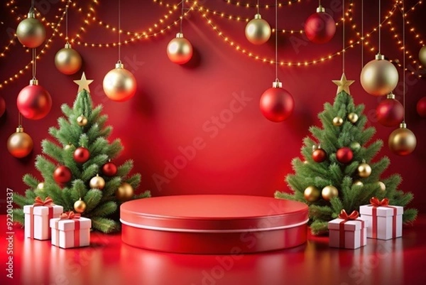 Fototapeta Christmas background with podium in red colors