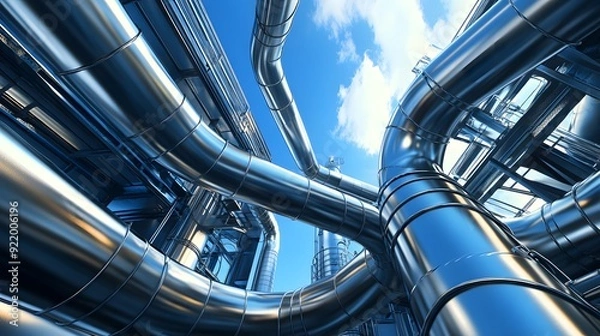 Fototapeta A large industrial plant with many pipes and a blue sky in the background. The sky is clear and bright, and the plant is surrounded by a large open area