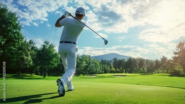 Fototapeta a man hitting a golf club, with a prominent view over the green and the club behind his back like after a swing