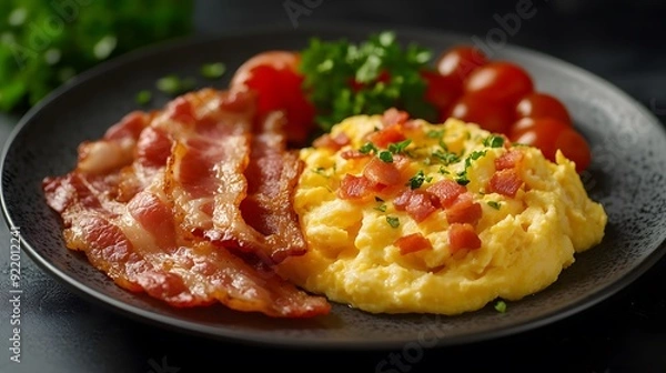 Fototapeta Realistic image of traditional big breakfast with bacon and eggs