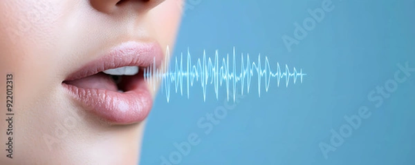 Obraz Voice authentication and security concept, woman mouth with clear sound waves indicating voice verification