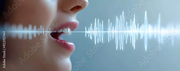 Fototapeta Voice authentication and security concept, woman mouth with clear sound waves indicating voice verification