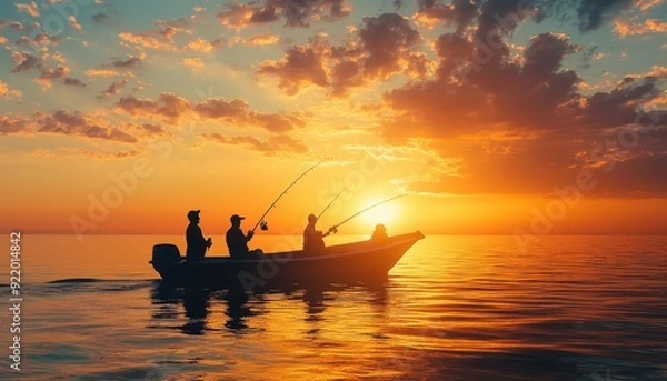 Obraz Fishing at sunset on a calm lake with silhouetted anglers in a small boat