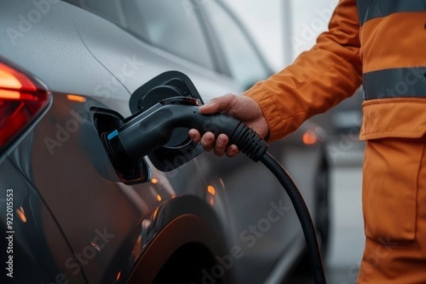 Fototapeta Close up of man's hand holding power supply cable at electric vehicle charging station.