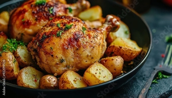 Obraz Juicy roasted chicken thighs with golden potatoes on a dark background