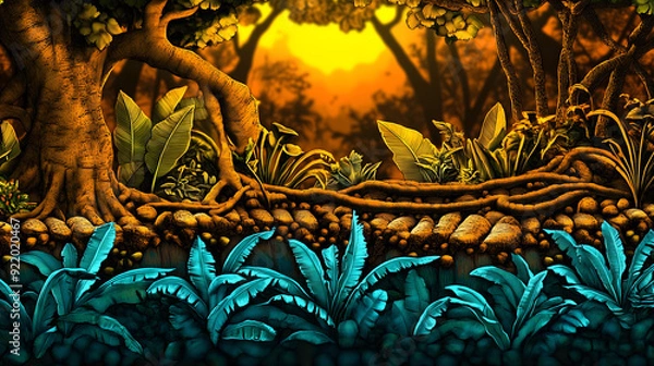 Fototapeta Vibrant cross-section of a jungle with intertwined tree roots, lush foliage, contrasting cool blues and warm oranges. Mystical nature and environment