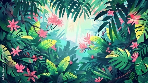 Fototapeta Create a illustration of a Breathtaking jungle canopy viewin a kawaii style, simplified to feature fewer elements for a cleaner look, Use a color palette that is appealing to children, with bri
