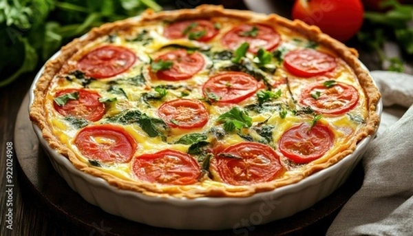 Obraz Freshly baked vegetable quiche with sliced tomatoes and herbs in a rustic kitchen setting