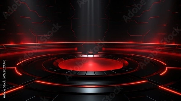 Fototapeta Red neon lights illuminate a futuristic, circular platform with black metallic texture.