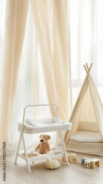 Fototapeta A cozy baby room with a car-shaped crib, open changing table, and teddy bear decor creates a warm and inviting environment for little ones to explore