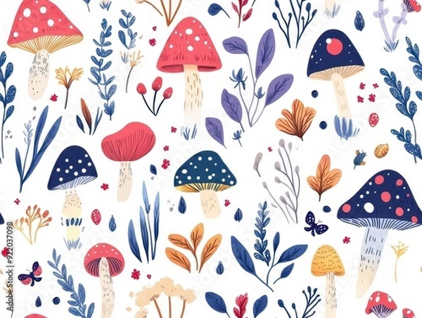 Fototapeta seamless pattern, Kawaii magical garden with talking mushrooms
