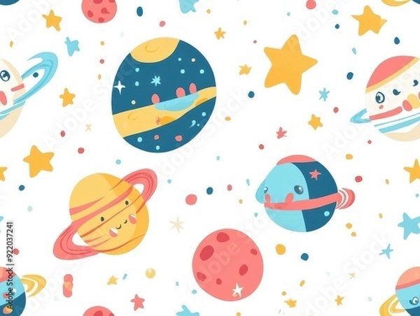 Fototapeta seamless pattern, Kawaii space station with adorable alien beings