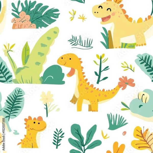 Fototapeta seamless pattern, Playful kawaii dinosaurs with chubby bodies and friendly expressions