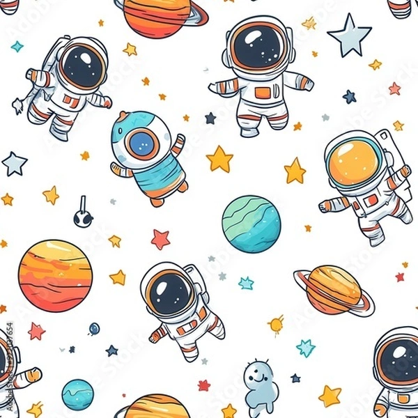 Fototapeta seamless pattern, Adorable kawaii astronauts exploring alien landscapes with smiling planets and sparkling stars