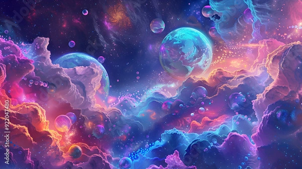 Fototapeta Cosmic Cloudscape with Planets Illustration