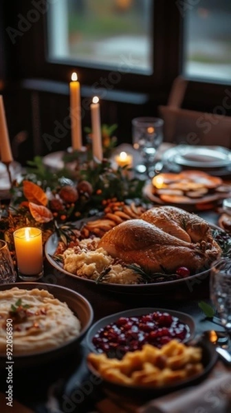 Fototapeta A Thanksgiving dinner table filled with turkey, sides, and candles, creating a warm and inviting atmosphere for family gatherings