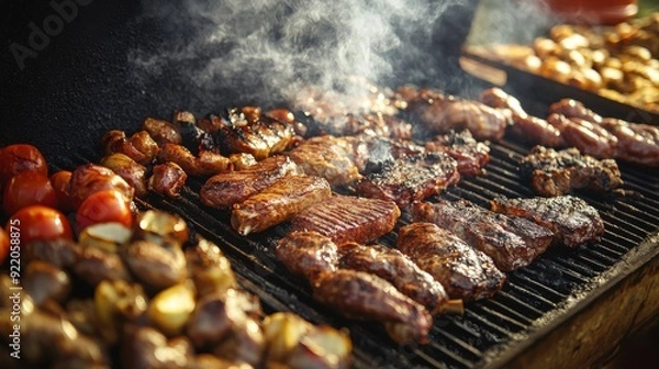 Fototapeta A detailed close-up of a barbecue grill filled with a variety of meats, the smoke rising and the charcoal glowing, creating a mouth-watering scene of summer cooking